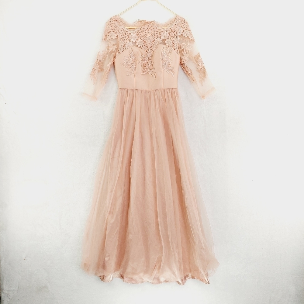 Chi Chi London Pink Lace 1/2 Sleeve Fitted Bodice Maxi Flare Evening Dress P2837